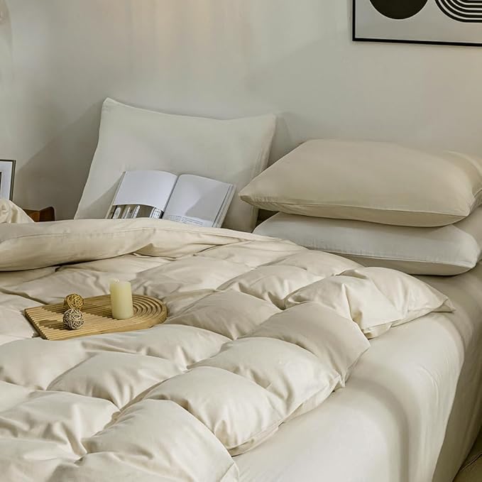 JELLYMONI Cotton Duvet Cover Twin Size - 100% Washed Cotton Linen Feel Textured Comforter Cover, 2 Pieces Breathable Soft Bedding Set with Zipper Closure (Light Khaki, Twin 68"x90")