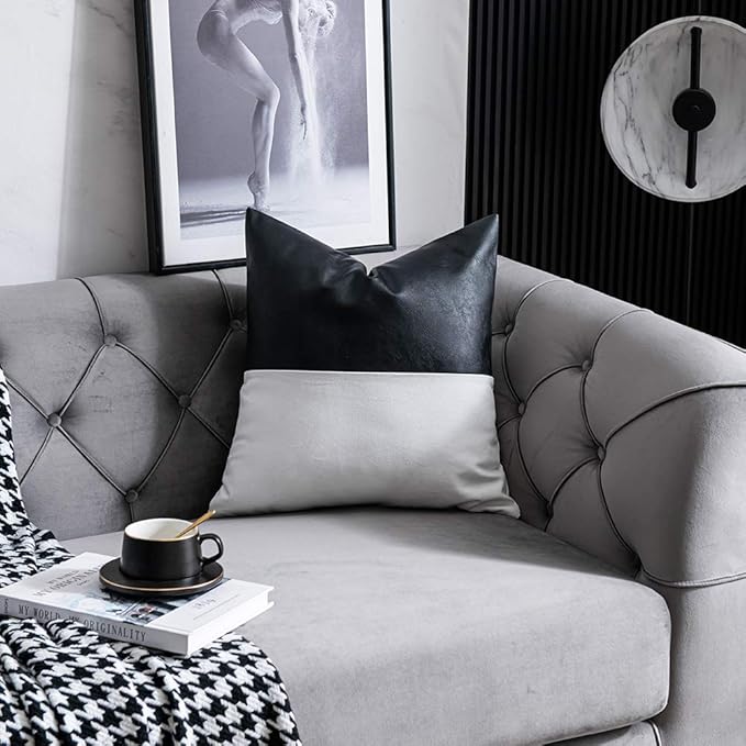 DEZENE Faux Leather with 100% Cotton Decorative Throw Pillow Covers for Couch Bed Sofa, Set of 2 18 x 18 inch Modern Home Decor Accent Square Bedroom Living Room Cushion Cases Cognac, Black and White