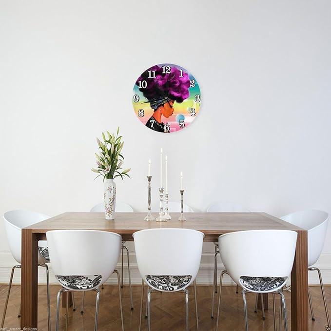 African American Girl Wall Clock Battery Operated Silent Round Clock Afro Black Woman Wall Decor for Home Office School, 12 Inch