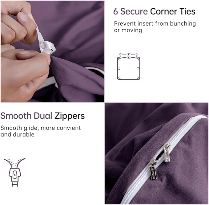 JELLYMONI Purple Duvet Cover Full Size - 100% Washed Cotton Linen Like Textured Comforter Cover, 3 Pieces Breathable Soft Bedding Set with Zipper Closure (Purple, Full 80"x90")