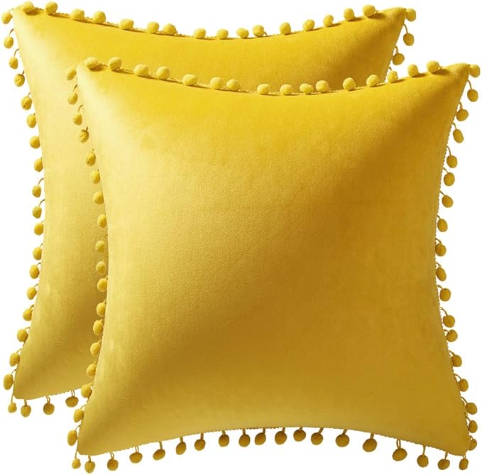 DEZENE Couch Pillow Covers 22x22 Yellow: 2 Pack Cozy Soft Pom-poms Velvet Square Throw Pillow Cases for Farmhouse Home Decor