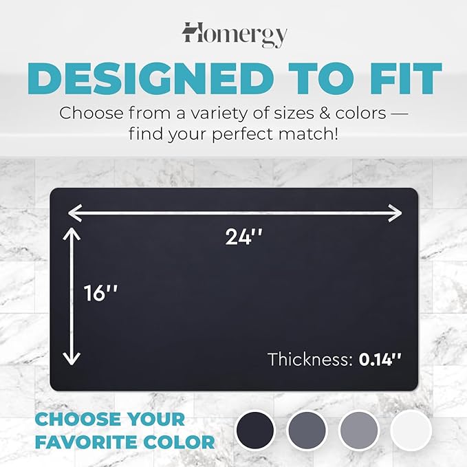 Homergy Bath Mat – Super‑Absorbent & Quick‑Dry with Non‑Slip Rubber Backing, Machine Washable & Odor Resistant – 16×24 in, Black