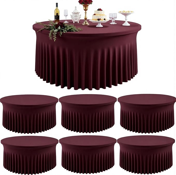 Outpain 6 Pack 72inch Burgundy Spandex Round Tablecloths, Stretchy 132inch Fitted 6FT Round Table Cloths, Wrinkle Free Table Cover with Skirt for Wedding Party Dining Banquet
