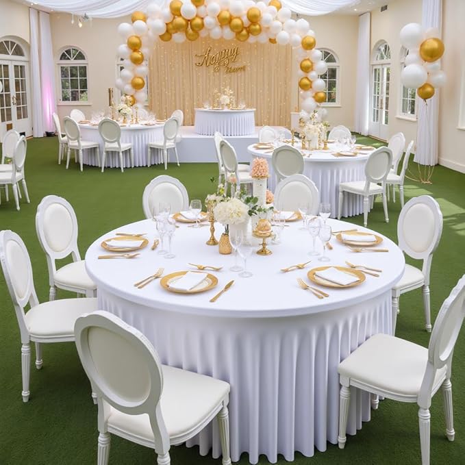Outpain 6 Pack White Round Spandex Tablecloths for 60in Tables, 120Inch Stretchy Fitted 5FT Round Table Clothes,Wrinkle Free Table Cover with Skirt for Wedding Party Dining Banquet