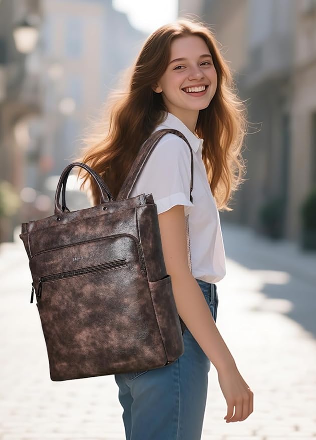 Leather Laptop Backpack for Women, Travel Backpack Purse Fits 15.6 Inch Laptop, Casual Daypack with Laptop Compartment for College Work Business Nurse Weekender, Coffee