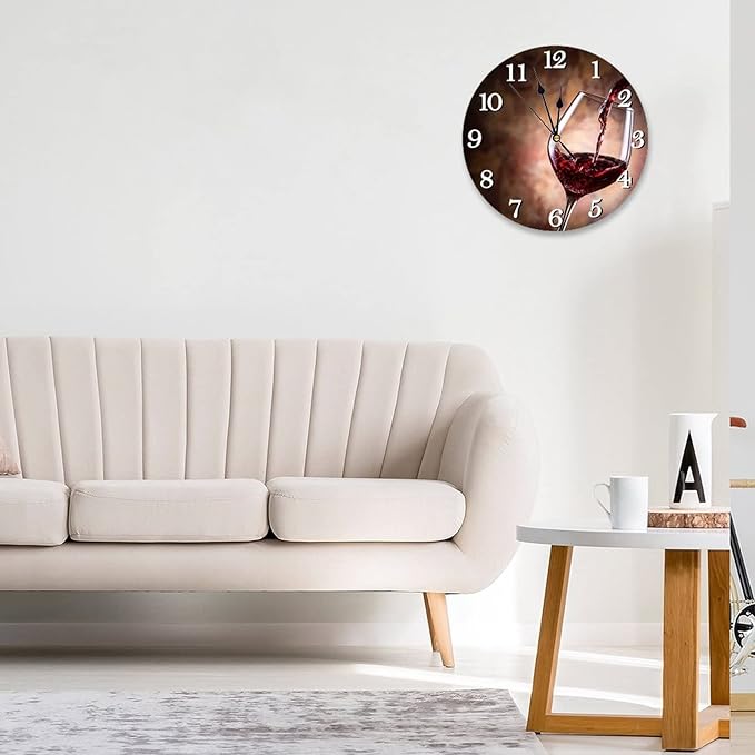 Red Wine Pouring into Wine Glass Wall Clock Battery Operated Silent Round Clock Wall Decor for Home Office School, 12 Inch