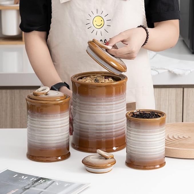 Nihow Ceramic Food Storage Jar Sets: Container with Air Tight Ceramic Lid for Flour/Sugar/Rice/Coffee/Cookies/Candy - Seal Damp-proof Canister for The Kitchen - Set of 3 （Brown）