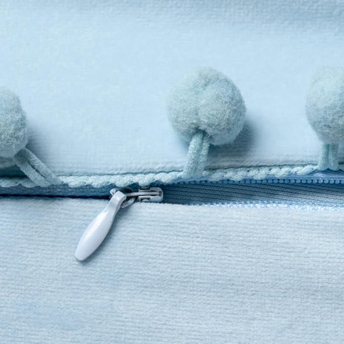 DEZENE Throw Pillow Cases 20x20 Light-Blue: 2 Pack Cozy Soft Pom-poms Velvet Square Decorative Pillow Covers for Farmhouse Home Decor