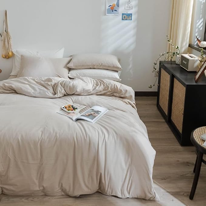 AMWAN Apricot Beige Duvet Cover Twin XL Taupe Khaki Solid Bedding Sets Jersey Knit Cotton Color Comforter Simple Style Tan 1 with 2 Pillowcases