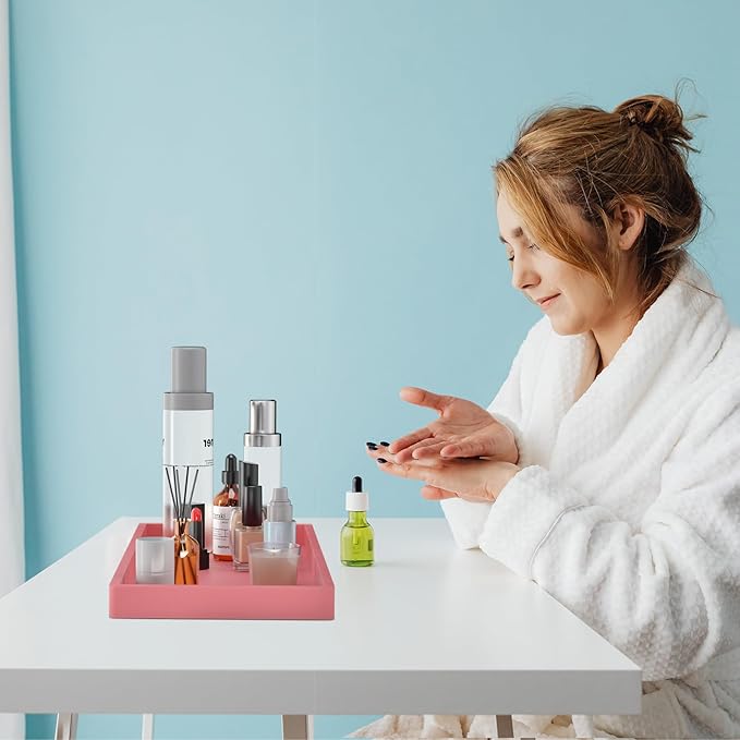 BBK Bathroom Vanity Tray 7.8 in - 2 Pack(Small) Silicone Bathroom Tray for Counter, Perfume Key Trinket Ring Tray, Decor Soap Dispenser Countertop Tray for Kitchen Sink Organization (Pink)