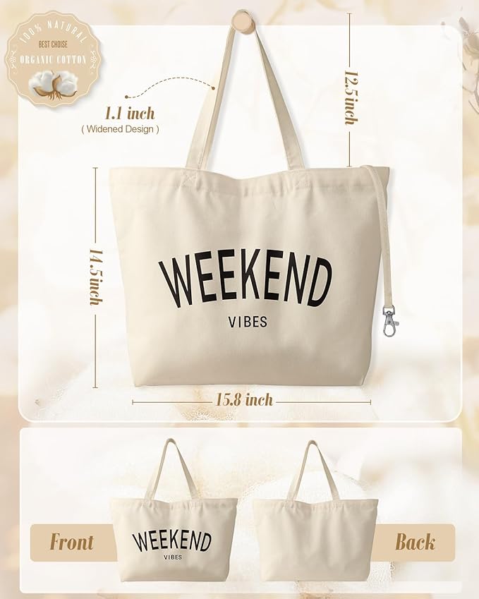 Large Tote Bag for Women - Aesthetic Cute Big Canvas Bags with Zipper Cotton Shoulder Bag for Gym, Travel, Work