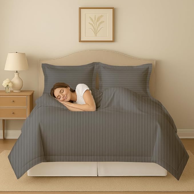 eBeddy Linens Luxury Dark Grey Striped Duvet Cover Set Super King 108x98 Size Egyptian Cotton Luxury Soft & Breathable Comforter Cover with Zipper Closure & Corner Ties