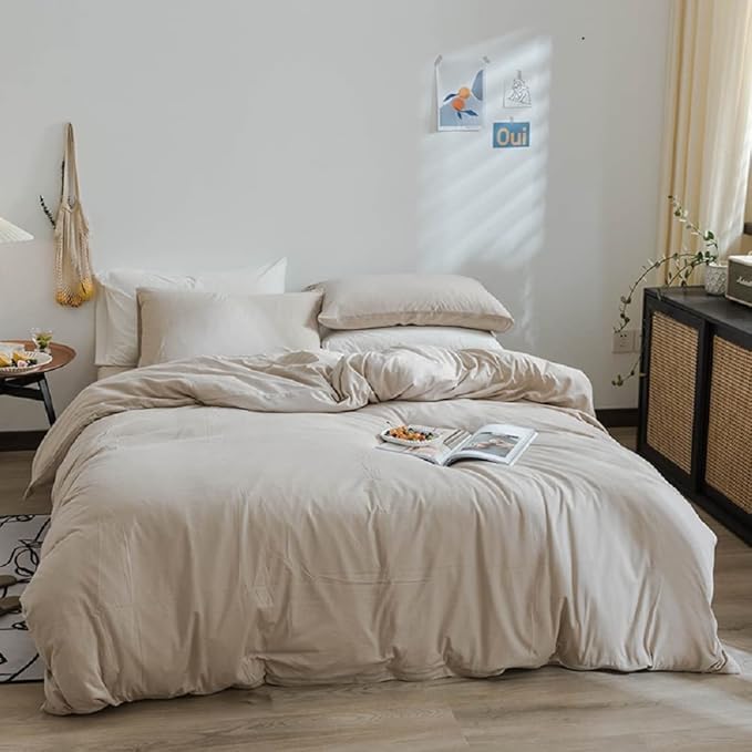 AMWAN Apricot Beige Duvet Cover Twin Taupe Khaki Apricot Solid Color Bedding Sets Jersey Knit Cotton Comforter Cover Simple Style 1 Twin Size Beige Tan Duvet Cover