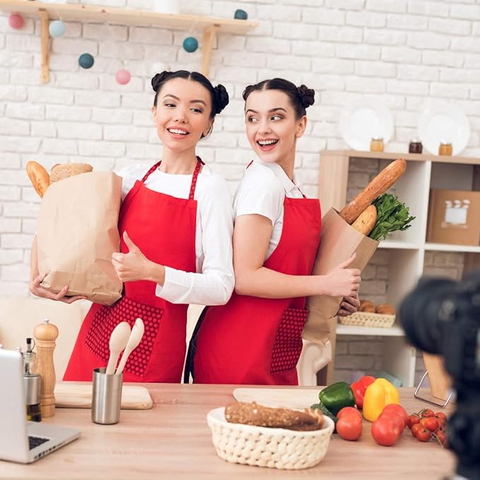 Total 6PCS Red Aprons Bulk for Women Unisex Plain Colour Bib Aprons with 2 Front Pockets Washable Apron for Painting Cooking Baking Kitchen Restaurant Crafting