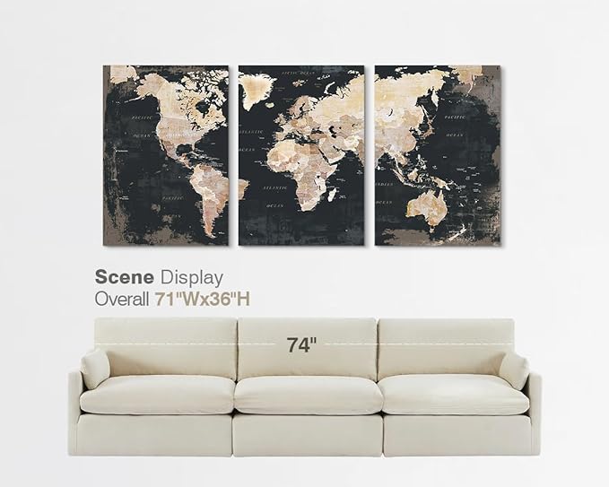 Office Wall Art for Living Room Bedroom Wall Decor Framed World Maps Black White Brown Pictures for Wall Decorations Vintage Decor