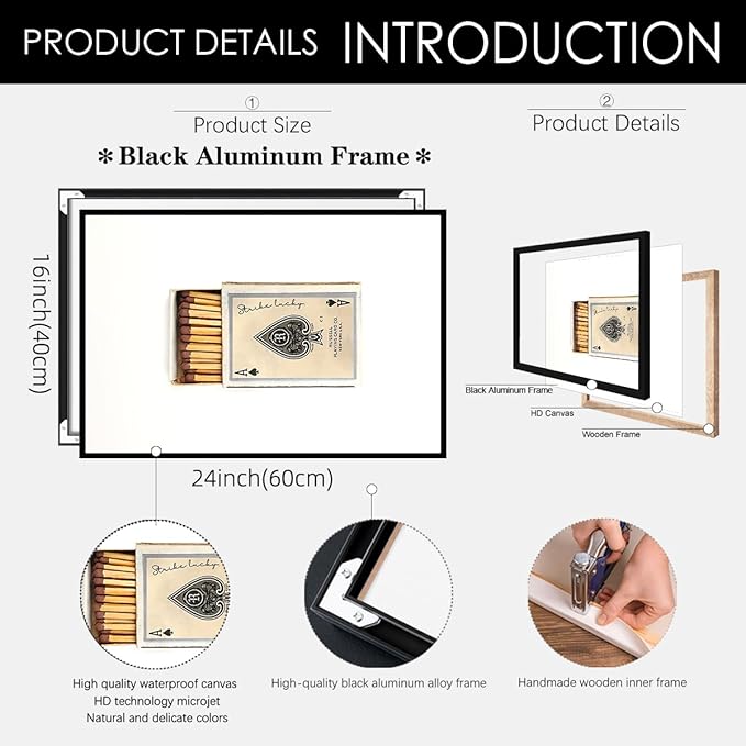 Retro Matches Poker Canvas Posters Vintage Ace of Spades Playing Cards Matchbox Wall Art 16x24 inch Black Framed Trendy Preppy Wall Decor Funky Aesthetic Prints for Living Room