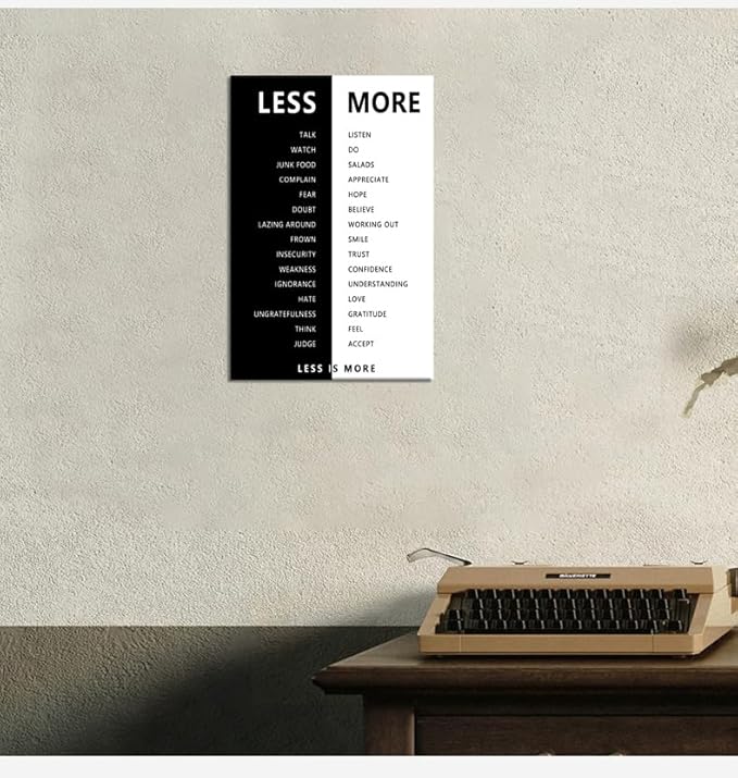 Less is More Inspirational Print Wall Art for Office Less and More Motivational Picture Inspiring Poster Painting Modern Artwork for Home Bedroom Living Room Office Decor Frame[12''W X 18''H]