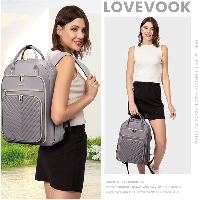 LOVEVOOK Laptop Backpack for Women, Water Resistant Travel Work Backpacks Purse Stylish Business Teacher Nurse Computer Bag with USB Charging Port,Purple Gray