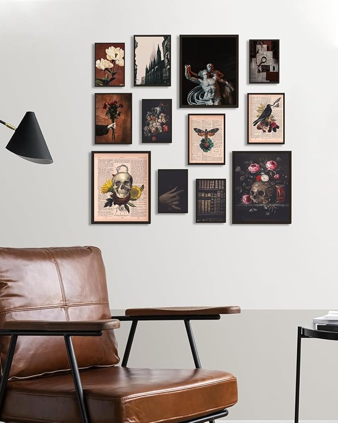 ASTRDECOR Dark Academia Decor Set - Vintage Newspapers Canvas Wall Art Prints Posters for Room Aesthetic, Spooky Gothic Home Decor for Halloween decor, Skull Witch Decor for Dark Bedroom Set of 12【Unframed】