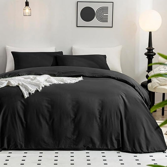 JELLYMONI Black Duvet Cover Full Size - 100% Washed Cotton Linen Like Textured Comforter Cover, 3 Pieces Breathable Soft Bedding Set with Zipper Closure (Black, Full 80"x90")