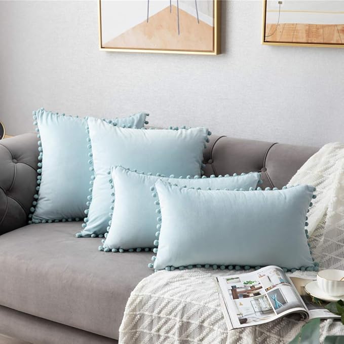 DEZENE Throw Pillow Cases 12x20 Light-Blue: 2 Pack Cozy Soft Pom-poms Velvet Rectangular Decorative Pillow Covers for Farmhouse Home Decor