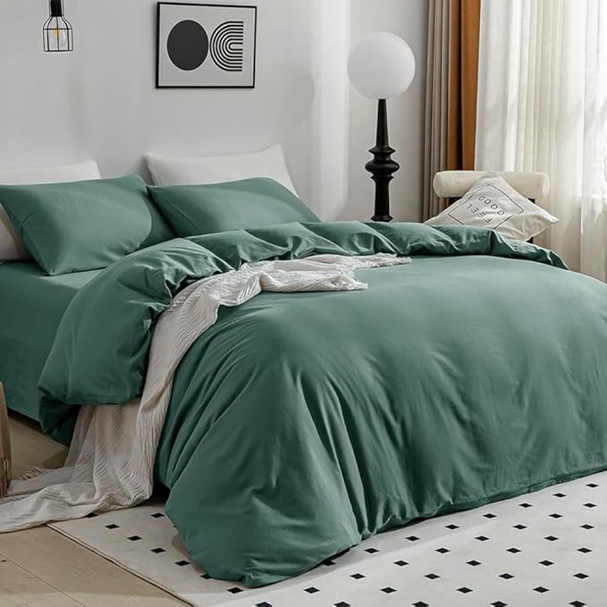 JELLYMONI Cotton Duvet Cover Twin Size - 100% Washed Cotton Linen Feel Textured Comforter Cover, 2 Pieces Breathable Soft Bedding Set with Zipper Closure (Dark Green, Twin 68"×90")