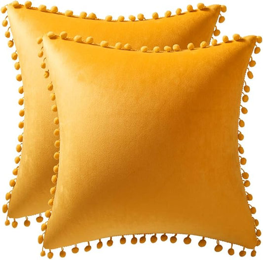 DEZENE Couch Pillow Covers 16x16 Golden Yellow: 2 Pack Cozy Soft Pom-poms Velvet Square Throw Pillow Cases for Farmhouse Home Decor