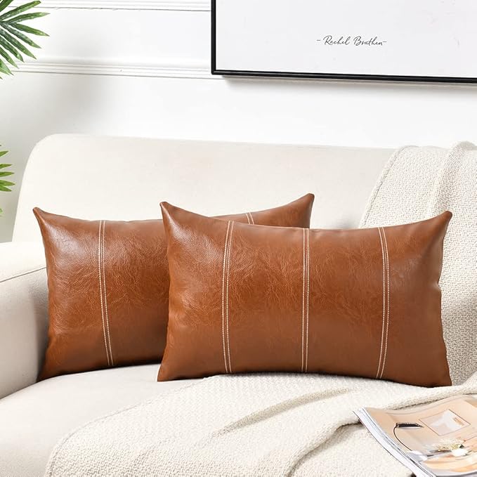Fancy Homi 2 Packs Brown Boho Long Lumbar Faux Leather Decorative Throw Pillow Covers 14x24 Inch for Living Room Couch Bed, Hand Stitched Rectangle Cushion Case, Rustic Modern Farmhouse Home Decor