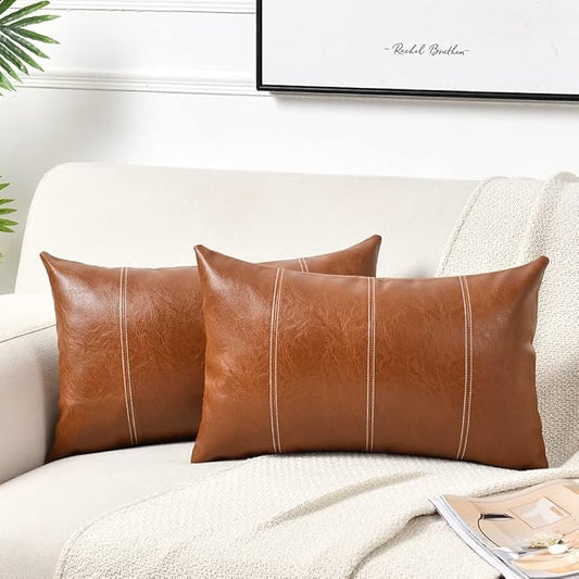 Fancy Homi 2 Packs Brown Boho Long Lumbar Faux Leather Decorative Throw Pillow Covers 12x24 Inch for Living Room Couch Bed, Hand Stitched Rectangle Cushion Case, Rustic Modern Farmhouse Home Decor