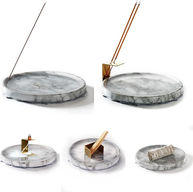 Ember Echo 7.1-Inch Natural Marble Incense Holder,Handmade Large Incense Burner for Meditation Yoga SPA, Long Incense Sticks Holder for Palo Santo/Sage/Cone/(Grey and White)