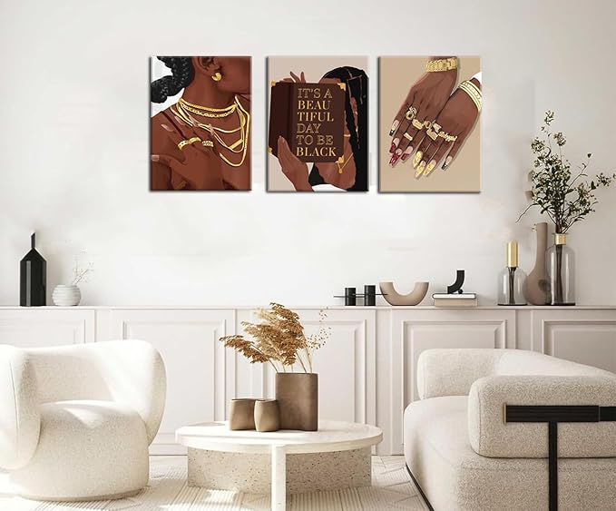 Marllifenney 3 Pcs Black Woman Wall Art Framed Black Girl Posters Abstract African American Canvas Prints Black Women Painting Decor Modern Boho Female Pictures for Bedroom Living Room Office 16x24in