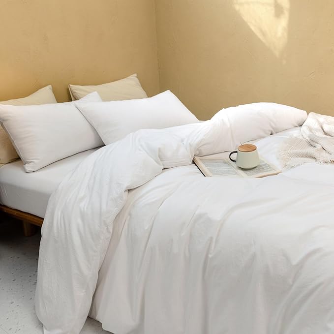 FOSSA White Duvet Cover Set, 100% Washed Cotton Linen Feel Super Soft Breathable Cozy 3 Pieces Bedding Sets Solid Off White King