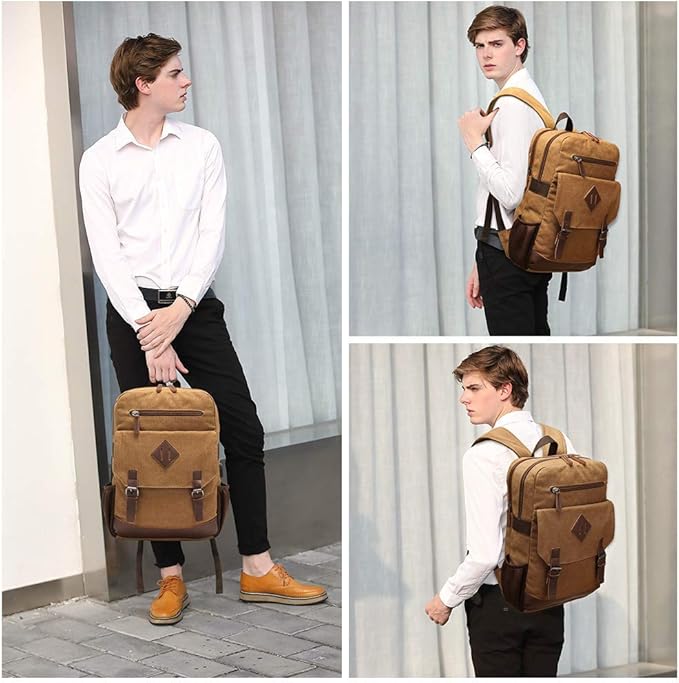 Canvas Backpack for Men Women, Vintage Rucksack Fits Most 15.6 Inch Laptop, Bookbag with USB Charging Port, Brown
