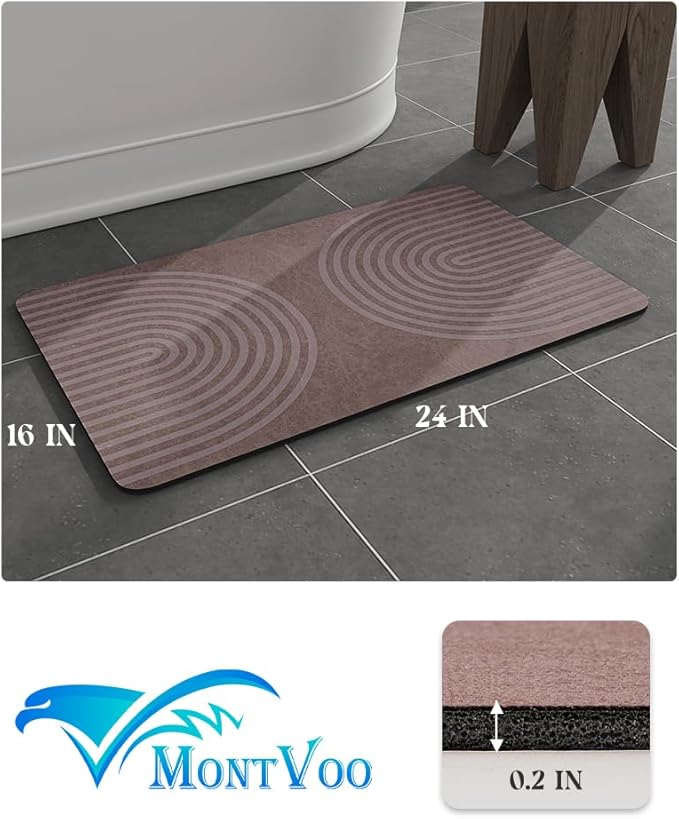 MontVoo -Bath Mat-Non Slip Thin Bathroom Rugs Fit Under Door- Quick Dry Absorbent Faux Suede Surface Grey Bathroom Floor Mats-Shower Rug for in Front of Bathtub Shower Brown Arched 16x24