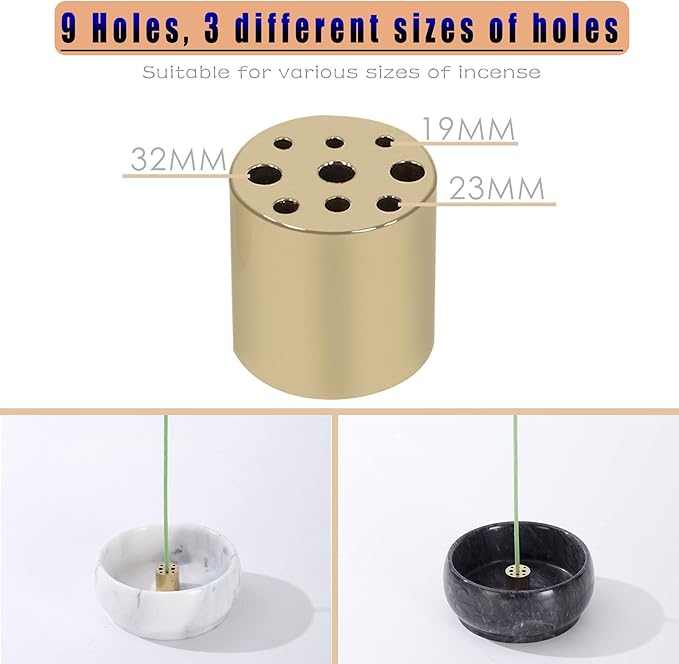 Marble Incense Holder, 9 Hole Burner for Meditation, Natural White & Grey Ash Grabber - Birthday Gift for Mom