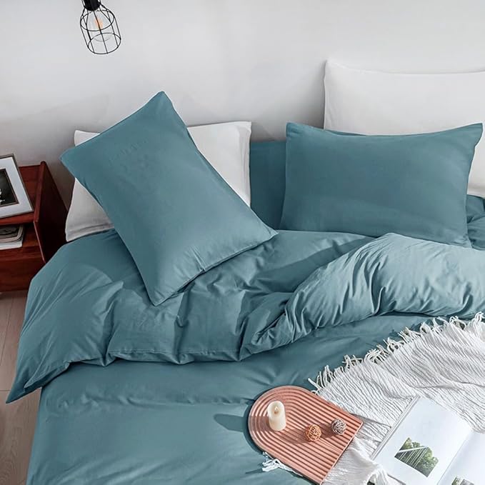 JELLYMONI Cotton Duvet Cover Full Size - 100% Washed Cotton Linen Like Textured Comforter Cover, 3 Pieces Breathable Soft Bedding Set with Zipper Closure (Grayish Blue, Full 80"x90")