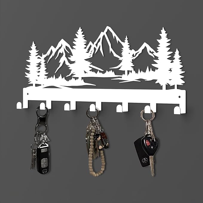 Key Holder Wall Mounted Key Hooks, White Metal Key Rack Hooks, The Great Grove, Mountain Theme Wall Decoration Hooks, with 7 Hooks, Applicable to Front Doors, Lobby,Corridor, Offices (12 ")