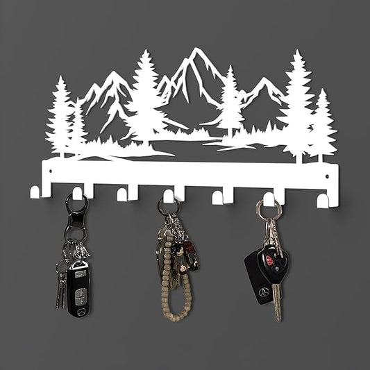 Key Holder Wall Mounted Key Hooks, White Metal Key Rack Hooks, The Great Grove, Mountain Theme Wall Decoration Hooks, with 7 Hooks, Applicable to Front Doors, Lobby,Corridor, Offices (12 ")