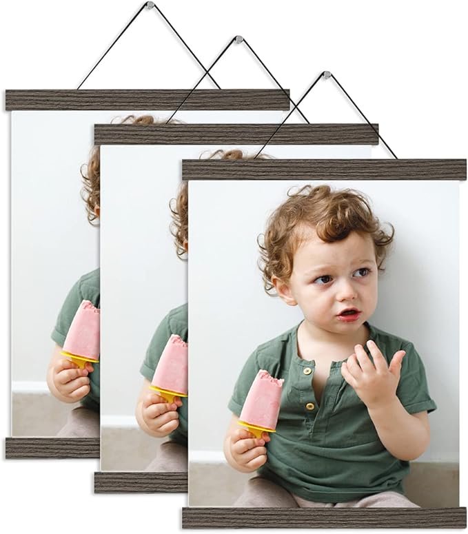 3 Pack Magnetic Poster Hanger Brown, 12x18 12x16 12x24 Poster Frame Wood Wooden Magnet Print Posters Dowel Scroll Hanger Hangers Hanging Kit for Walls Map Canvas Artwork