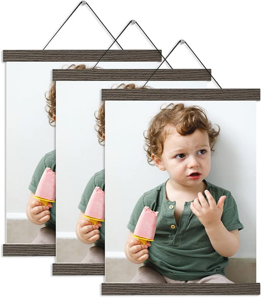 3 Pack Magnetic Poster Hanger Brown, 12x18 12x16 12x24 Poster Frame Wood Wooden Magnet Print Posters Dowel Scroll Hanger Hangers Hanging Kit for Walls Map Canvas Artwork