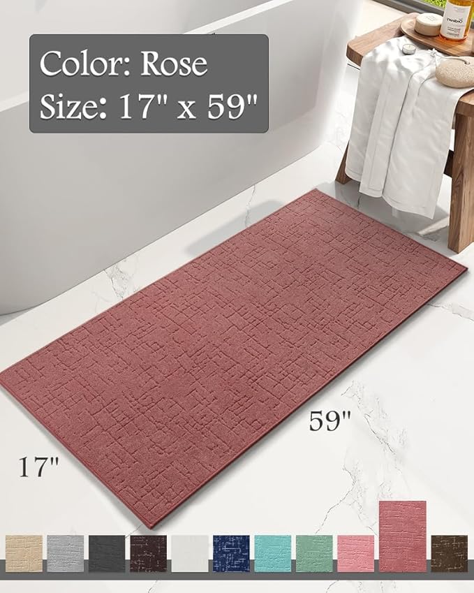 AMOAMI-Bath Mat-Absorbent Quick Dry Bathroom Floor Mats-Washable Rubber Backing Bath Mats for Bathroom Rugs Fit Under Door-Bath Rug for in Front of Sink Bathtub Shower Room, Rose 17''x59''