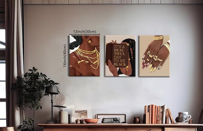 Marllifenney 3 Pcs Black Woman Wall Art Framed Black Girl Posters Abstract African American Canvas Prints Black Women Painting Decor Modern Boho Female Pictures for Bedroom Living Room Office 16x24in