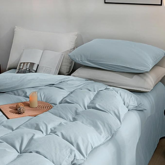 JELLYMONI Cotton Duvet Cover Twin Size - 100% Washed Cotton Comforter Cover, 2 Pieces Breathable Soft Bedding Set with Zipper Closure (Light Blue, 68"x 90")