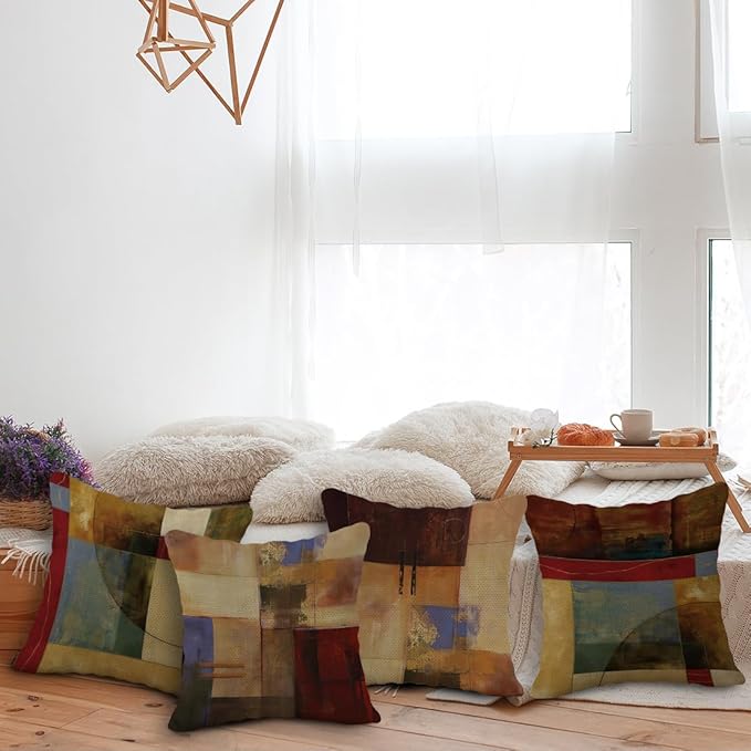 Vintage Geometric Decor Linen Throw Pillow Case, 18 x 18 Inch Set of 4, New Living Room Decor, Housewarming Gift, Modern Decor, Mid-Century Modern Style Cushion Cover for Sofa Couch Bed