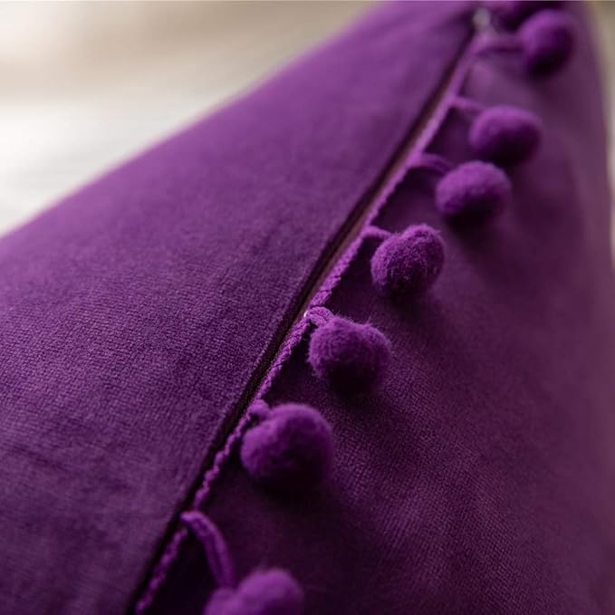 DEZENE 12x20 Throw Pillow Cases Purple: 2 Pack Cozy Soft Pom-poms Velvet Rectangular Decorative Pillow Covers for Farmhouse Home Decor
