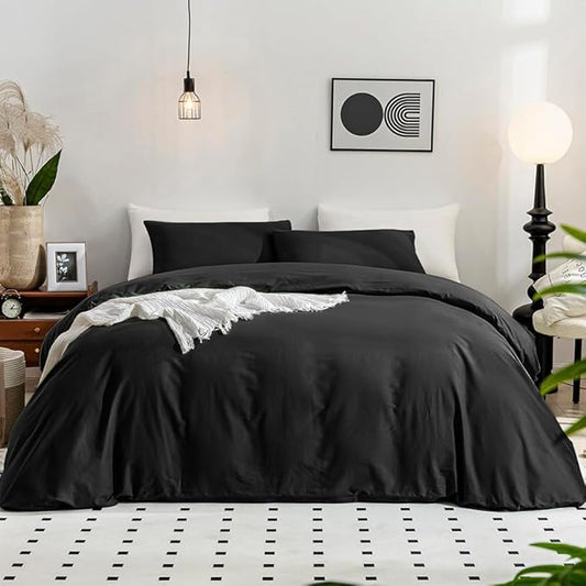 JELLYMONI Cotton Duvet Cover California King - 100% Washed Cotton Linen Like Textured Comforter Cover, 3 Pieces Soft Bedding Set with Zipper Closure (Black, Cal King 104"x98")