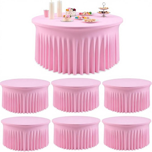 Outpain 6 Pack Pink 72inch Spandex Round Tablecloths, Stretchy 132inch Fitted 6FT Round Table Cloths, Wrinkle Free Table Cover with Skirt for Wedding Party Dining Banquet