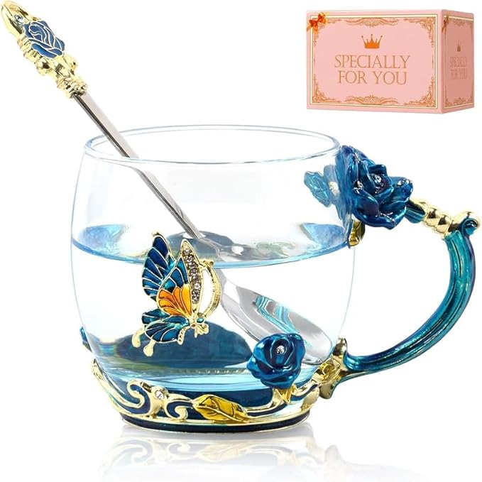 Tea Cup Gifts for Mom Birthday Gift for Women,Glass Coffee Enamels Mug Butterfly Sky Blue Flower Cup Unique Valentines Mothers Day Christmas gifts For Women Mom Wife Sister Coworker Female Friend