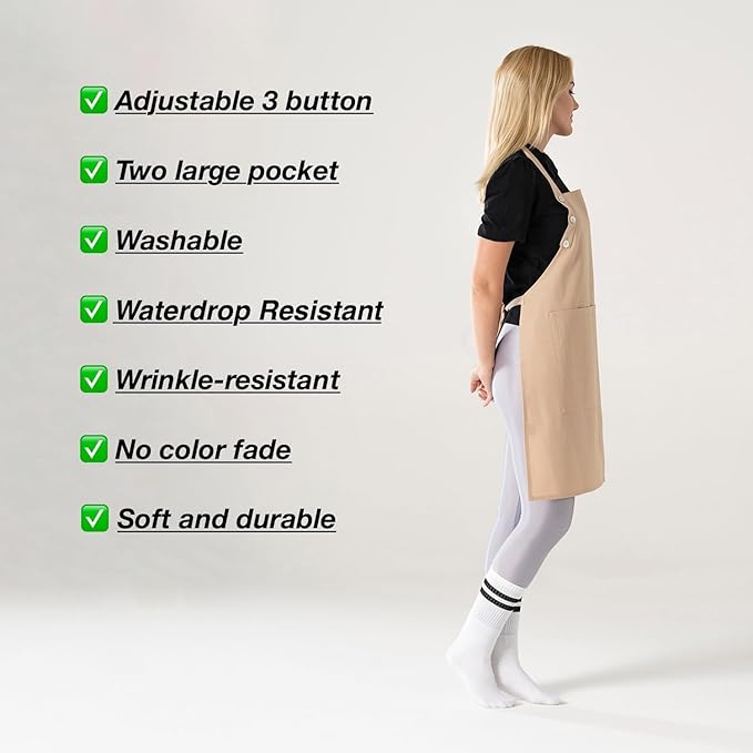 TOSHE Kitchen Apron Waterdrop Resistant Cotton Apron with adjustable Aprons for Women with Pockets 10 Color option Cooking Beige Apron(Beige)