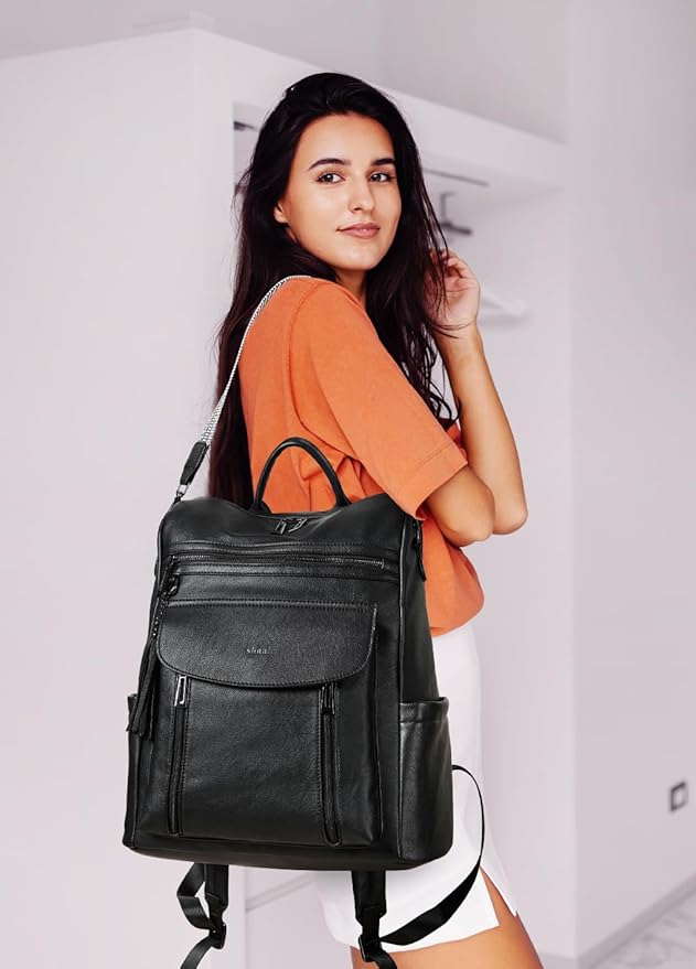 Shrrie Laptop Backpack for Women 15.6 inch,Travel Leather Backpack Purse Nurse Teacher Carry on Backpack Computer Bag,Professional Water-Resistant College Business Work Casual Daypack,Two-tone Black